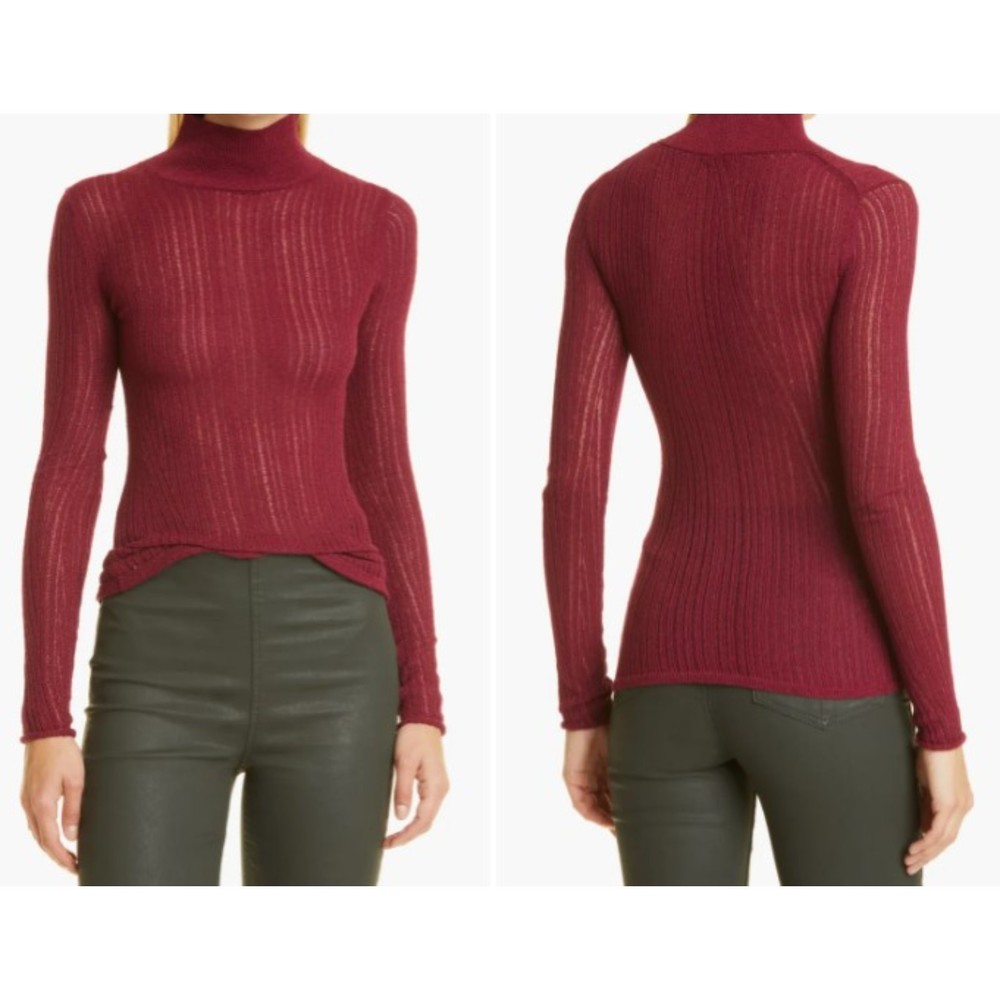 RAG & BONE Plum Burgundy Lexi Cotton Semisheer Metallic Turtleneck Sweater XXS